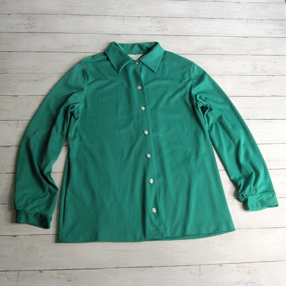 NPC Fashions Vintage Women's Green Top Size M Long Sleeve Button Up Blouse